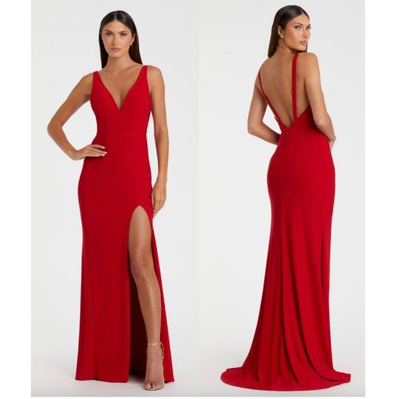 MAC DUGGAL Plunge Neck High Slit Gown in Red Size US 0 - Picture 1 of 9